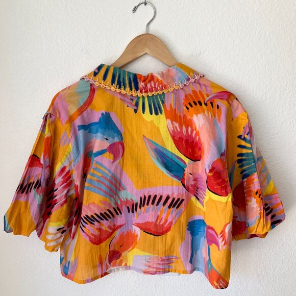 FARM RIO Neon Macaw Bird Print Collar Puff Sleeve Cropped Blouse Size M - Picture 6 of 6